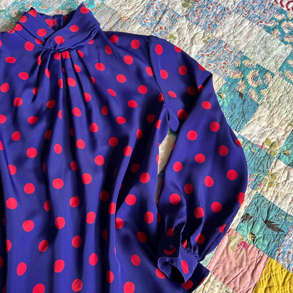 Vintage 80s/90s Purple + Red Polkadot Mockneck Secretary Blouse S M